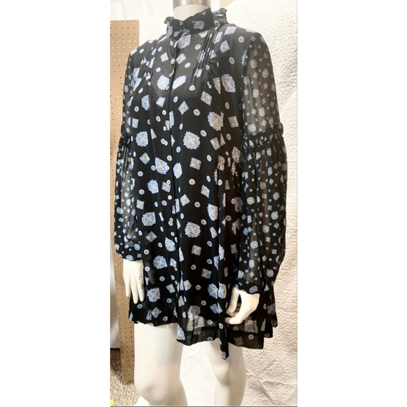 Free People Turn Turn Black Blue Medallion Boho Mini Dress Ruffle Mock Neck XS - Picture 3 of 13
